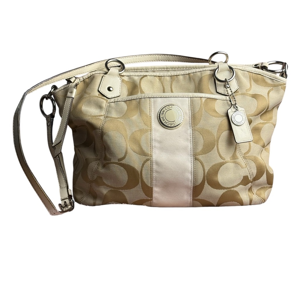 VTG Coach Iconic Cream & Tan Signature Crossbody Bag Retro Bohemian Mid century